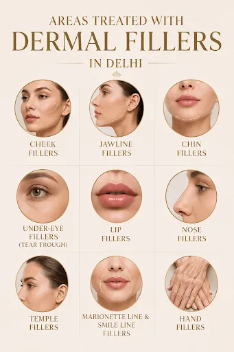 Areas treated with dermal fillers
